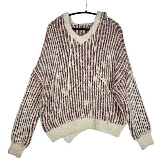 POL Chunky Sweater Women's Large Pink White Striped Hooded Wool Blend Soft Boho - Picture 2 of 10